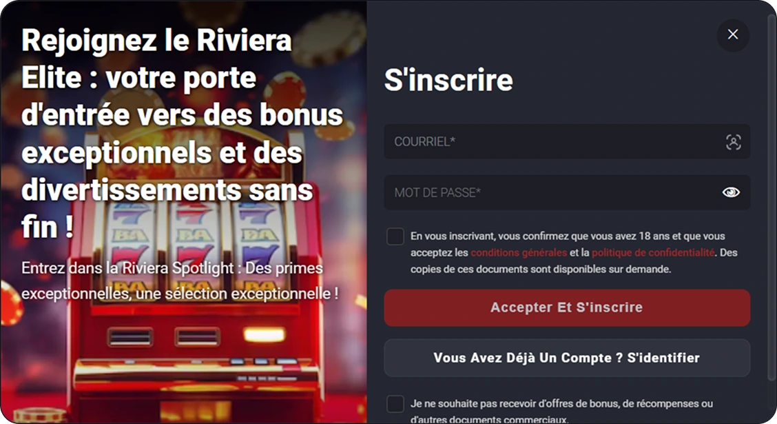 Fonctionnalité d’inscription sur Riviera Casino